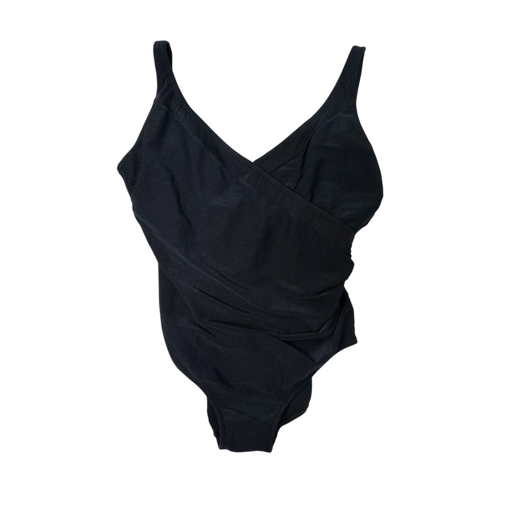 Gottex Black Ribbed Textured One Piece Swimsuit Surplice V-Neck Shaping Sz 18